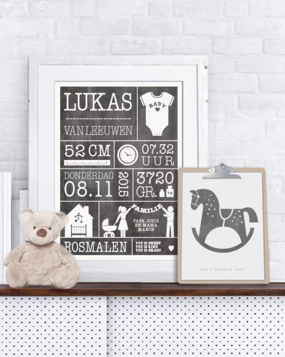 geboorteposter met eigen naam en tekst - zelf online zwart-wit poster maken voor baby en kinderkamer bij printcandy