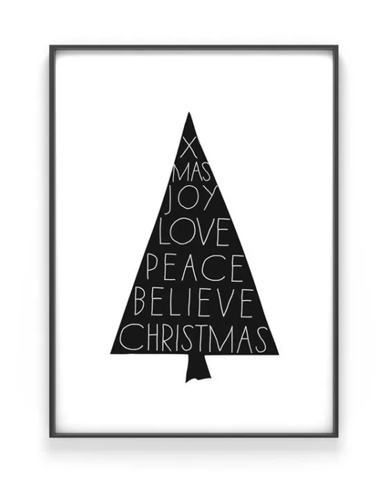 Christmas Tree - zwart-wit x-mas art-print met een kerstboom met woorden