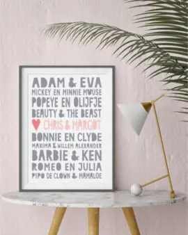 Famous Love Print- -Gepersonaliseerde zwart-wit Poster met beroemde stellen (o.a Adam en Eva, Romeo en Julia) plus eigen namen.  Origineel en uniek cadeau voor Valentijnsdag of voor een bruiloft . Printcandy: In 3 simpele stappen zelf online printables en posters maken