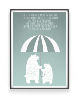 kinderkamer poster beren - pastel mint groen - beertjes onder een paraplu