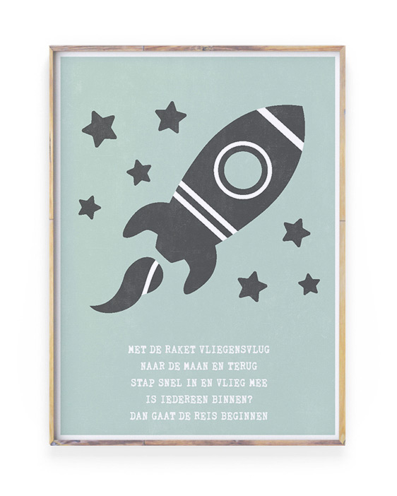 Poster kinderkamer met Raket en eigen Tekst - Mint groen - Printcandy