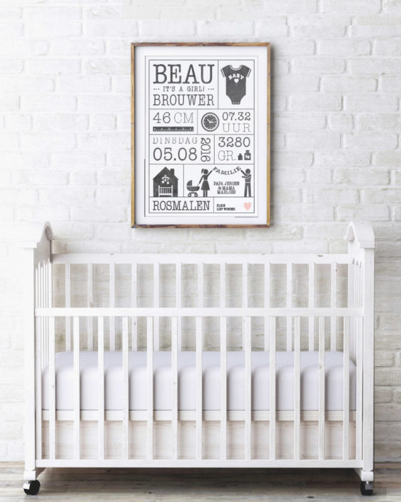 Baby Geboorte poster in zwart wit: gepersonaliseerde baby geboorte poster met gewicht, lengte, naam en geboorteplaats van printcandy.nl.
