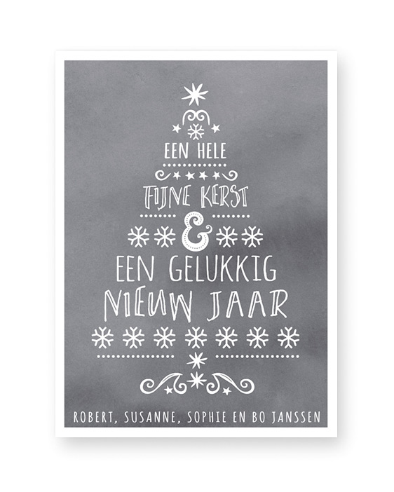 typografische kerst art-print met een kerstboom van woorden op grijze achtergrond