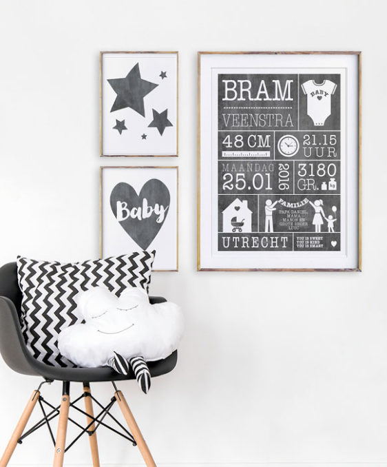 Geboorteposter bestellen - monochrome zwart wit baby posters - Printcandy