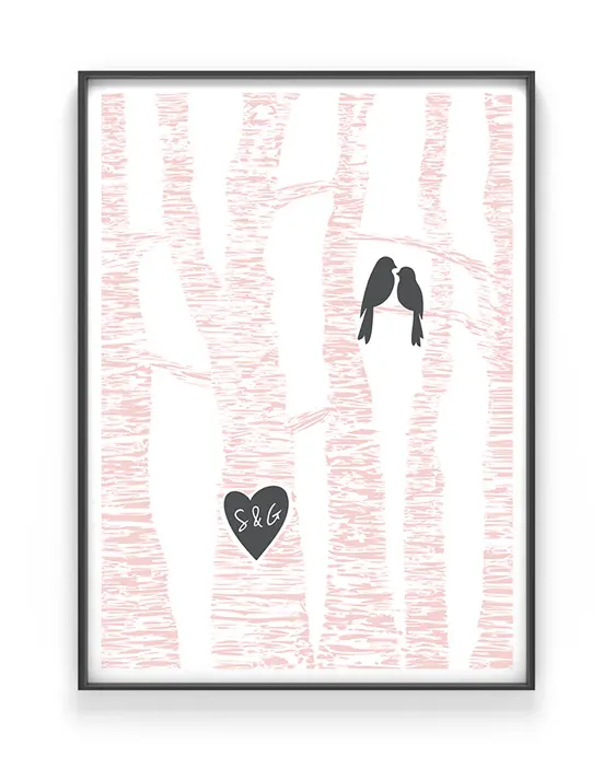 Valentijn-poster met vogels en Initialen in boom