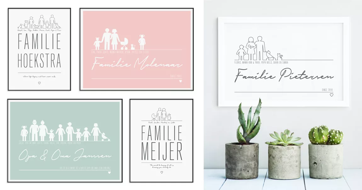 gepersonaliseerde Familie Poster met Icoontjes in Roze, Mint en Zwart Wit