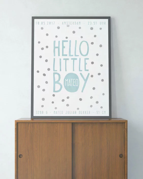 Hello Little Boy Poster - Confetti Geboorteposter voor jongetje met stippen