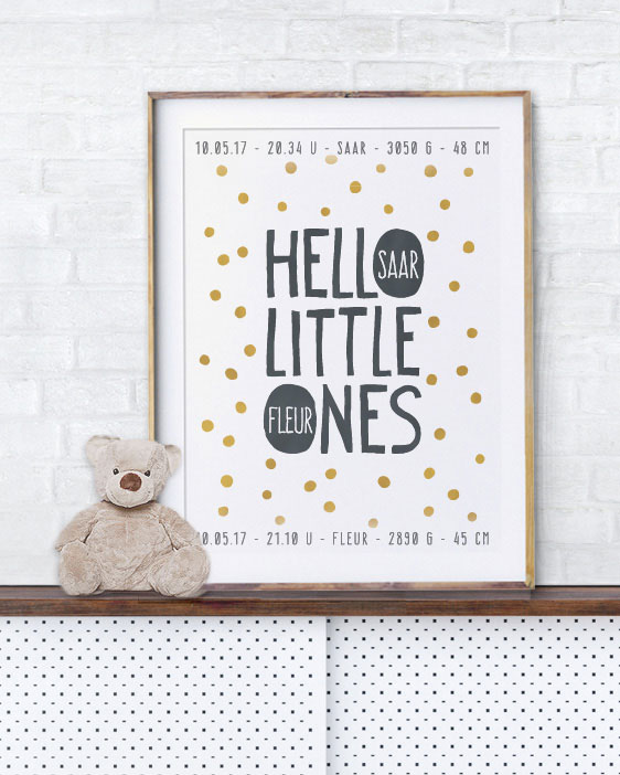 Hello Little Ones Poster - Geboorteposter voor Tweelinegn met Stippen