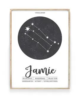 Monochrome Geboorteposter Sterrenbeeld met sterrenhemel in cirkel - zwart wit