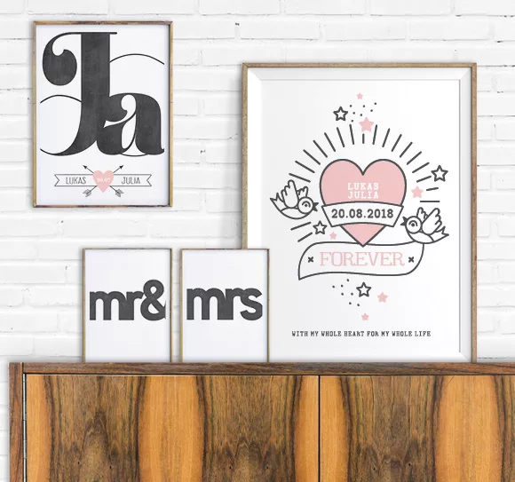 Liefde Poster en Trouwposters met retro hart, JA woord en Mr Mrs | zwart wit roze