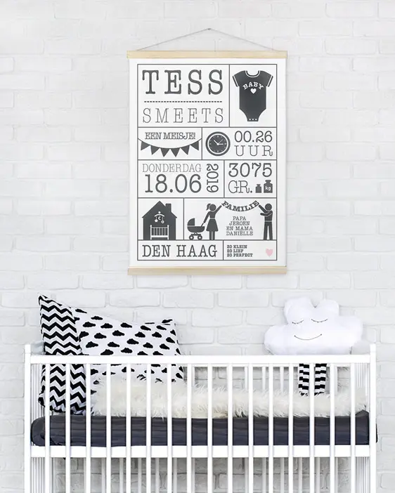 Geboorte Canvas Poster zonder lengte | Gepersonaliseerde Textielposter babykamer | Printcandy