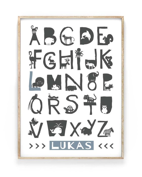 alfabet naam poster in zwart-wit met kleuraccent - ABC dieren poster zelf maken bij printcandy