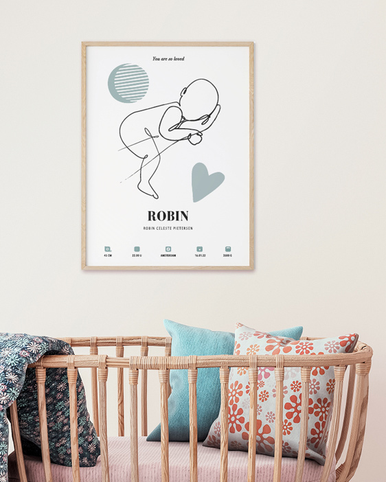 Line-Art Geboorte Poster gepersonaliseerd | Babyschets Poster met Naam