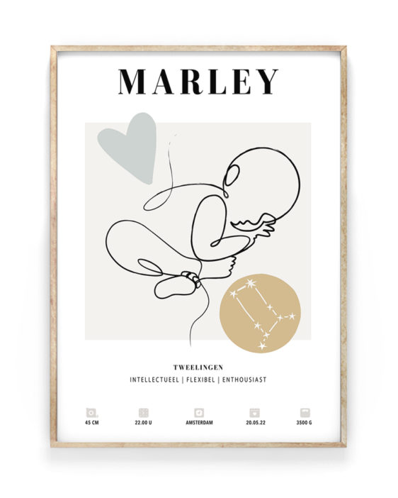 Gepersonaliseerde Boho Geboorte Poster Matisse Lijntekening met Sterrenbeeld en Maanstand