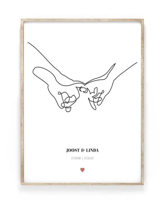 Trouw Poster Lijn Tekening | Gepersonaliseerde Poster huwelijk met schets tekening van handen