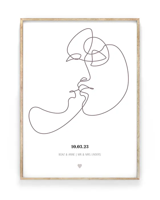 Line-Art Koppel Kus Poster voor bruiloft met datum en namen | Printcandy