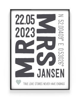 Love Print - Poster Mr & Mrs - Trouw Poster - Gepersonaliseerde huwelijkscadeau poster - Printcandy