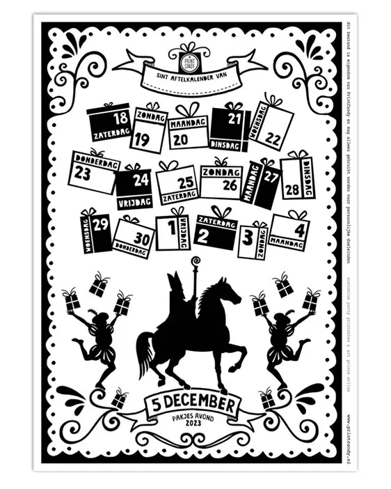 Sint Schoen Kalender - Gratis Sinterklaas Printable Aftelkalender - Sinterklaas 2023 - Printcandy