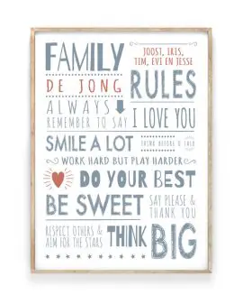 zwart-wit family rules poster met eigen tekst en namen - printcandy