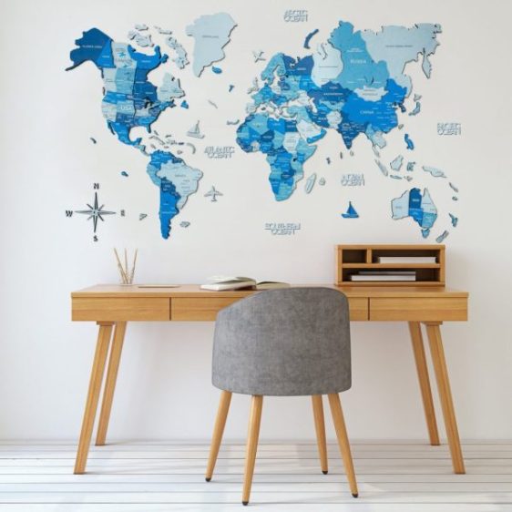 Premium Houten Wereldkaart 3D – Blauw