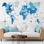 Premium Houten Wereldkaart 3D – Blauw