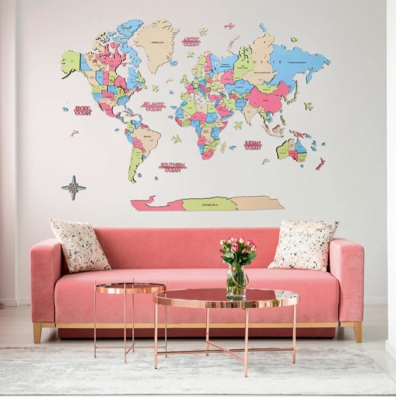 Premium Houten Wereldkaart 3D – Colorful Dreams