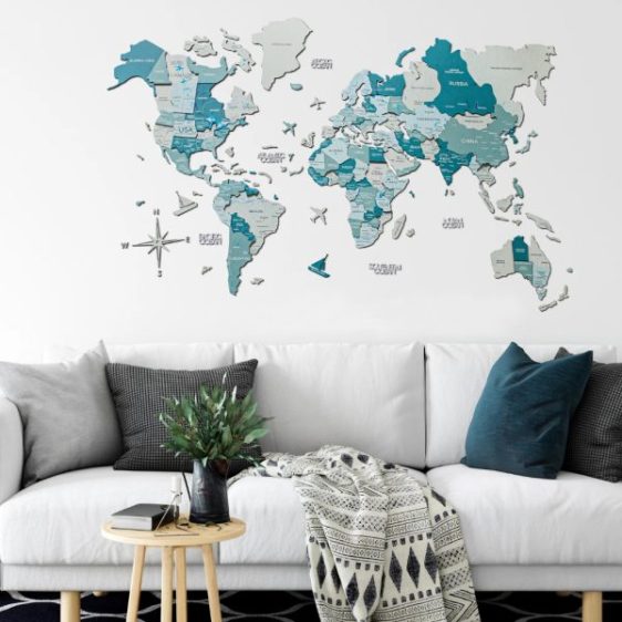 Premium Houten Wereldkaart 3D – Aqua