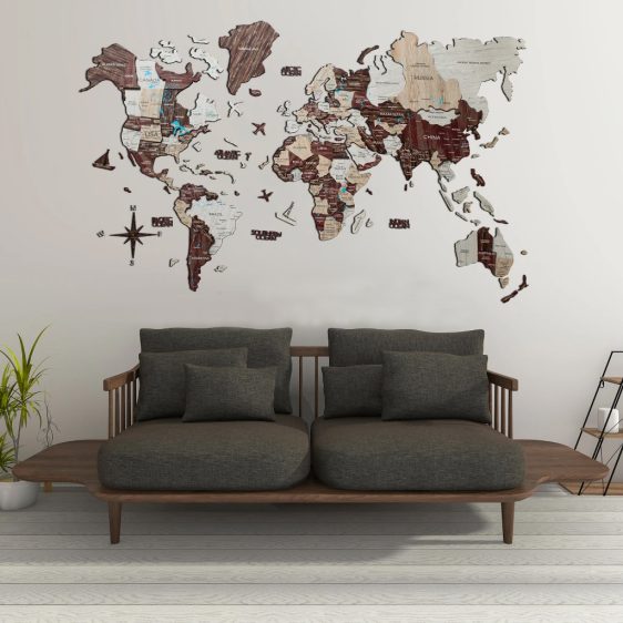 Premium Houten Wereldkaart 3D – Cappuccino