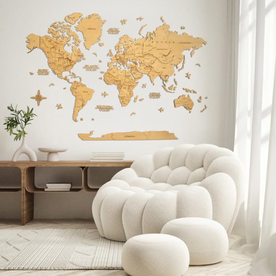 Premium Houten Wereldkaart 3D – Light Oak