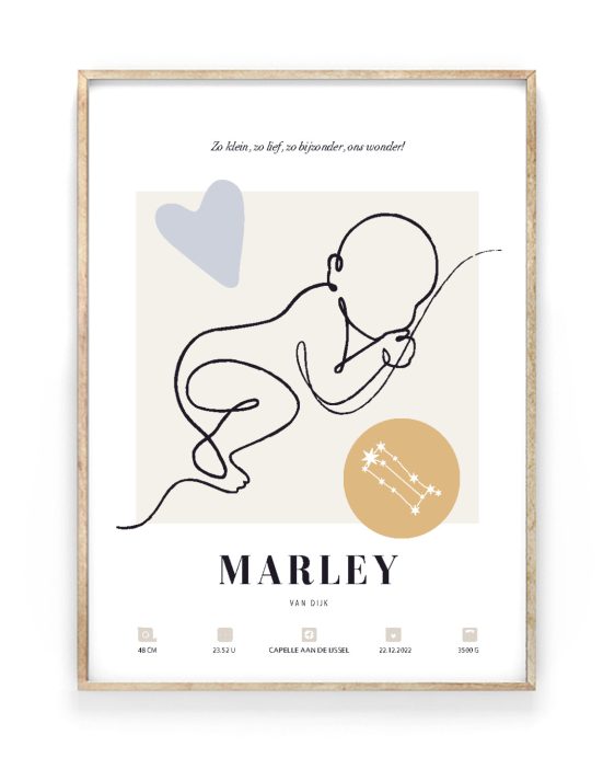 Boho Geboorte Poster Matisse – naam onder Boho geboorteposter Matisse met quote boven en naam onder de lijntekening